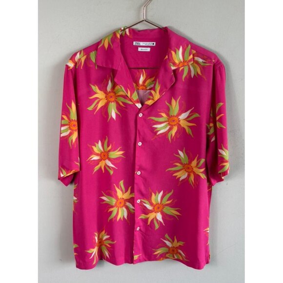 Zara Mens Pink Yellow Hawaiian Shirt Regular Fit Short Sleeve Button Up Size S - Picture 1 of 9